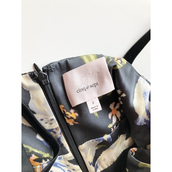 CINQ A SEPT Leena Floral Silk Charmeuse Ruffle Velvet Midi Sheath Dress, Size 2 - Picture 14 of 16